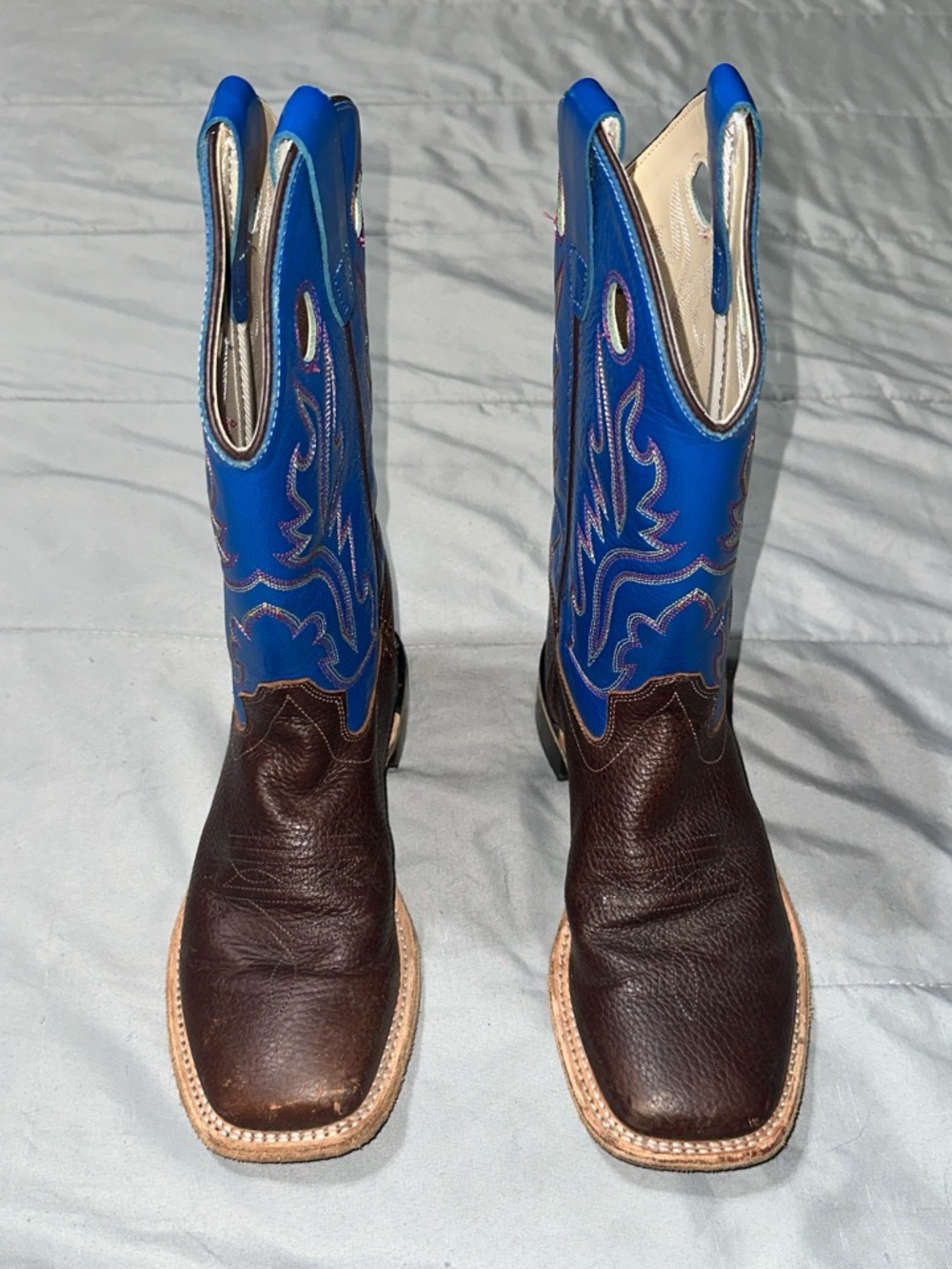 Old West Boys Big Kid Sz 5 Embroidered Cowboy Boots Western BrownBlue Square Toe - Picture 7 of 14